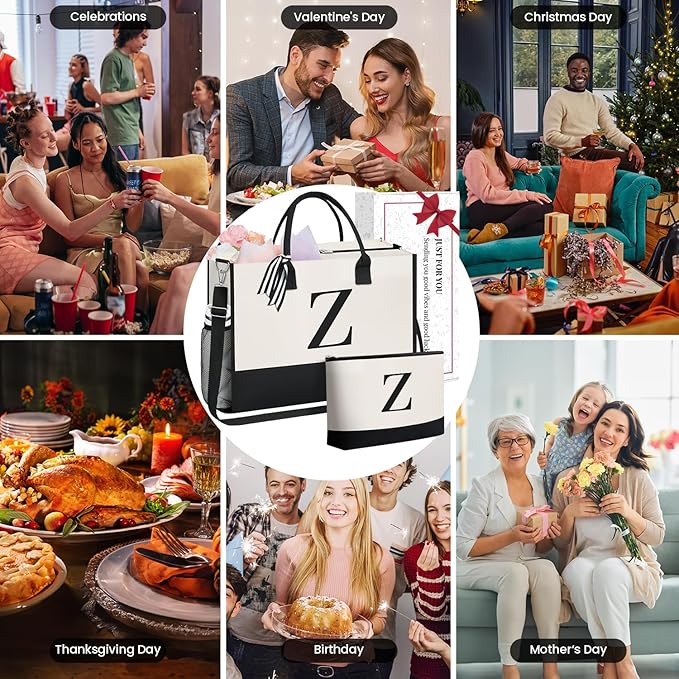 BAGAIL Initial Tote Bag, Personalized Birthday Gifts for Women, Teacher, Friends, Mom, Wedding, Monogrammed Beach Bag