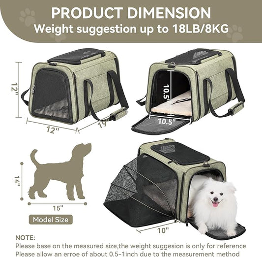 Petsfit Expandable Cat Carrier Dog Carrier, Soft-Sided Collapsible Portable Pet Carrier, 19x12x12, Green
