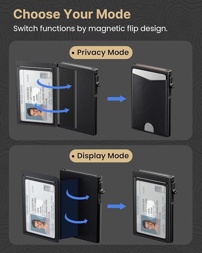 typecase Flip Pop Up Wallet for Men Card Holder: Smart Privacy & lD Display Mode, RFID Blocking, Slim Genuine Leather, Minimalist Front Pocket - 8 Cards Capacity | ID Window | Money Clip (Black)