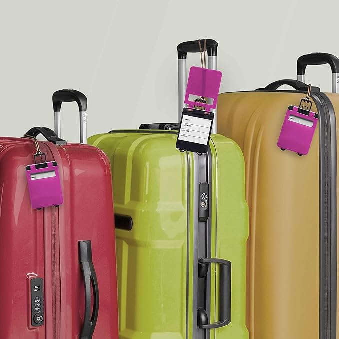 10 Mini Carry-on Luggage Tags Pack - Flip Open Cover, ID Sticker - Purple