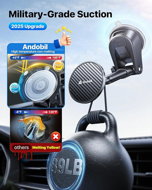 ăTrue Military-Gradeăandobil 3 in1 Magnetic Phone Holder for Car Dashboard Windshield Vent ăUpgrade Suction & Strongest MagnetăRetractable for MagSafe Car Mount for iPhone 17 16 15 14 Pro Max Sumsung