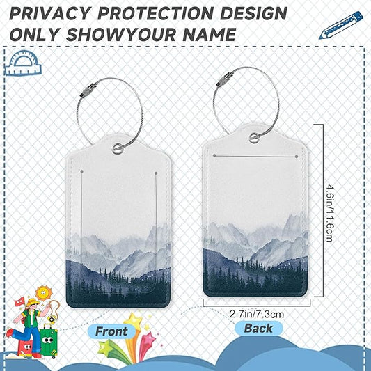 Pine Mountain ForestLuggage Tags for Suitcases,2 Pack Winter Woods Luggage Tag,Leather Stainless Steel Loop Label Tag for Women Men Girls Travel Bag Suitcase