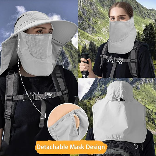 Sun Hats for Men Women Detachable Face Cover Wide Brim Fishing Hats with Neck Flap UPF 50+ Outdoor Safari Hats