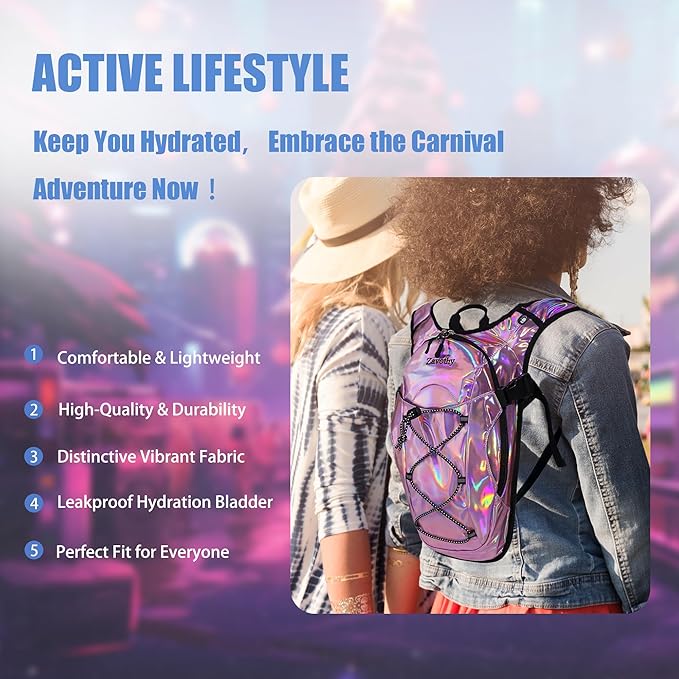 Reflective Hydration Backpack, Hydration Pack - Water Backpack with 2L Hydration Bladder, Essential for Festivals - Rave Hydration Pack for Hiking, Running, Cycling, and Festivals