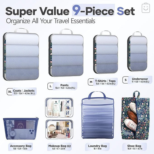 Veken 9/11 Set Compression Packing Cubes for Travel Essentials,Compressible Expandable Large Luggage Suitcase Organizer Bags for Clothing,Durable Space Saver Storage Bags(Dark Blue Floral)