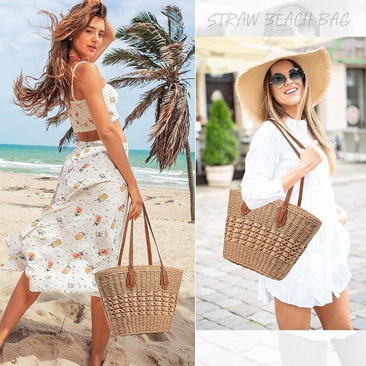 Straw Beach Bags for Women Woven Beach Tote Bag Casual Boho Large Shoulder Handbags Purse for Vacation Holiday