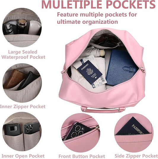 4PCS Leather Duffle Bags, Weekender Bag for Women Men, Large Travel Duffel-Overnight Bag with Toiletry, Makeup, Shoulder Bag, Faux Leather Carry On with Shoe Compartment (Pink)