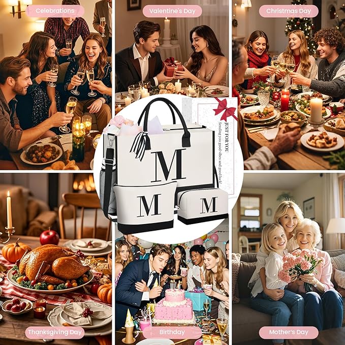 BAGAIL Initial Tote Bag, Personalized Birthday Gifts for Women, Teacher, Friends, Mom, Wedding, Monogrammed Beach Bag