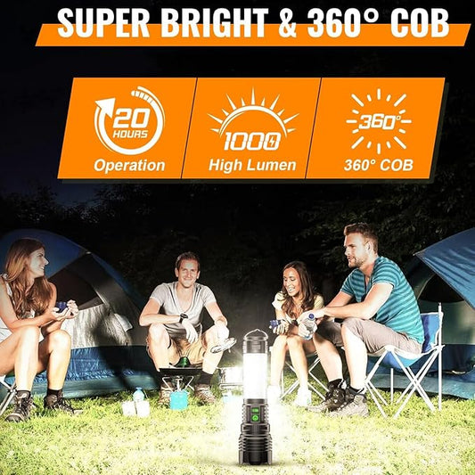 Hoxida Rechargeable Camping Lanterns Flashlight High Lumens- 2000 Meters Long Beam Super Bright LED Flashlight, Waterproof Camping Tent Lights 5 Modes, Zoomable Camp Flashlight Lantern 2pcs