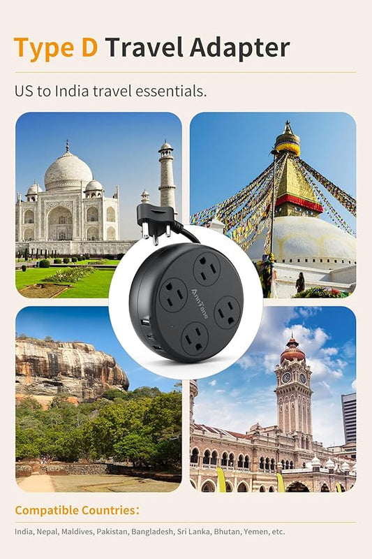 India Travel Adapter with USB C, US to India Plug Adapter with 4 Outlets 3 USB Ports, Type D Outlet Adapter for US to Bangladesh, India, Kuwait, Maldives (Black)