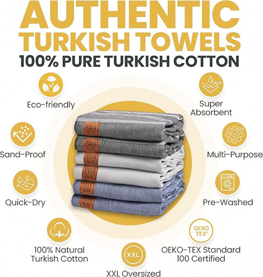 Gold CASE LYCIA Turkish Beach Towel Set of 6 โ 100% Cotton Turkish Beach Towels Bulk 70 x 38'' โ LYCIA Oversized, Quick Dry & Sand Free Beach Towel โ Lightweight Towels Set in Multi Dark Tones