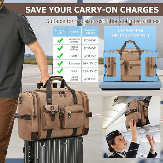 THYWD Canvas Duffle Bag for Travel Men and Women, 55L Expandable Large Overnight Weekender Luggage Bag, Vintage Carry on Bags for Airplanes, Travel, Hospital Labor Delivery, Camping, Gym