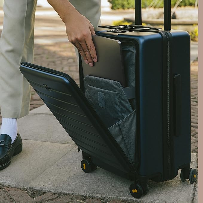 LEVEL8 Carry On Luggage with Compartment, 20 Inch Lightweight Hard Shell Rolling Suitcase with Wheels Airline Approved with Front Pocket, Double Tsa Locks, Navy Blue