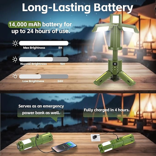 Rechargeable 14000mAh Camping Light & Lantern with Stand, 6000LM Telescoping Camping Tent Light, Cordless Dimmable Waterproof, Magnetic Base/Clip Hook for Hiking Fishing, Emergency Flashlight