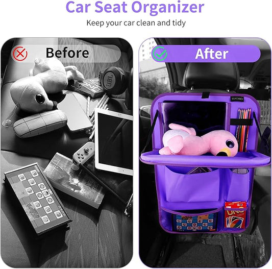LUCMO Car Backseat Organizer with Tablet Holder-2 Pcs,6 Storage Pockets Car Storage Organizer with Foldable Food Tray,Protectors Kick Mats Travel Accessories-Dark Purple