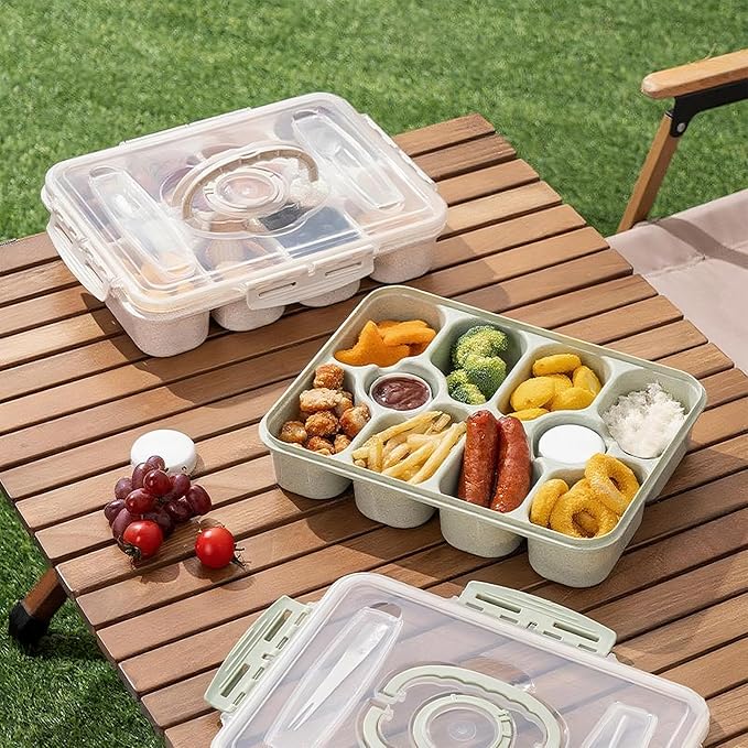 Dishwasher Safe Snackle Box Container, Snack Divided Serving Tray with Lid, Portable Snack Organizer with Date Marker, 2 Dressing Containers, Fork and Spoon, White