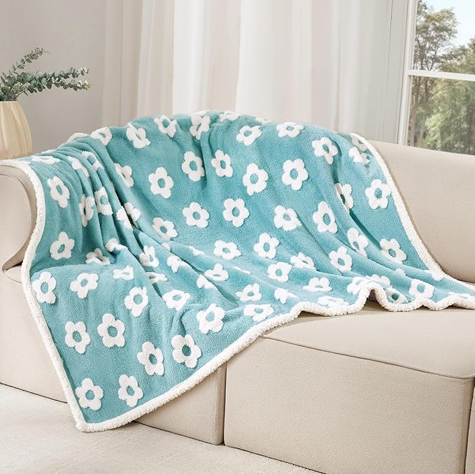 Luciphia Waterproof Pet Blanket for Medium Large Dogs Washable Fluffy Thick Jacquard Shag Fleece Warm Sherpa 3D Textured Flower Print for Cats Puppy Couch Protection (Blue,85x57 inches)