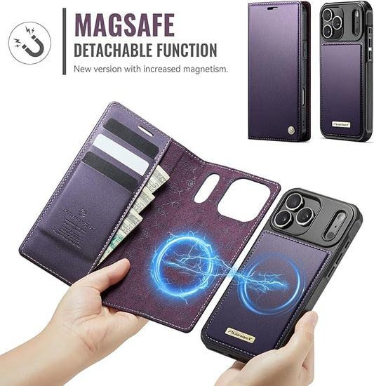 PlusnapX Wallet Case for iPhone 17 Pro Max Compatible with Magsafe, 2-in-1 PU Leather Flip RFID Blocking Card Holder Stand Shockproof Magnetic Detachable Cover for iPhone 17 Pro Max, Fashion Purple