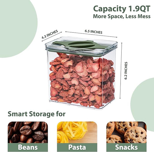 Prestoor 4-Pack Airtight Pantry Containers, 1.9 QT / 1.8 L Clear Food Storage Jars with Leakproof Twist-Lock Lids, Detachable Lid for Easy Cleaning, Cereal, Pasta, Rice, Oats, Snack Storage- Green