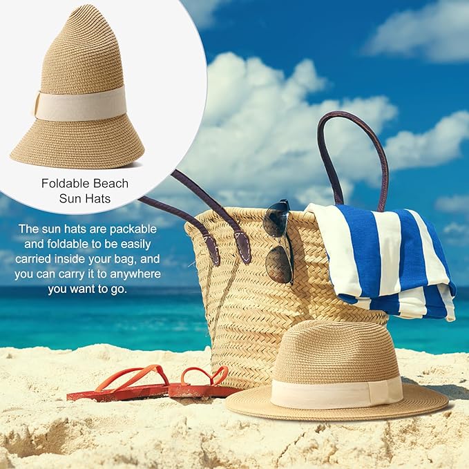DRESHOW Women Straw Panama Hat Travel Fedora Beach Sun Hat Summer Wide Brim Straw Roll up Hat UPF 50+