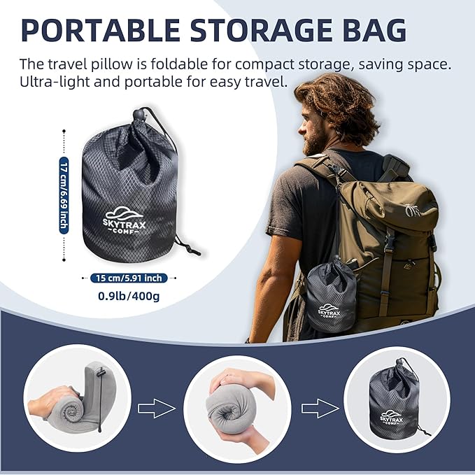 Travel Pillow with Extra Large Hood for Airplane Long Flights Privacy and Comfort Memory Foam with Velvet Cover for Road Trip Head&Neck Support for Plane Office Cars Sleeping & Rest (Light Grey)