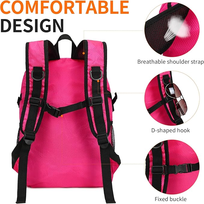 Small Hiking Backpack 15L Travel Lightweight Hiking Packable Daypack Water-Resistant Foldable Backpacks for Women Men Camping (Pink)