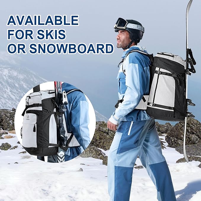 Ski Boot Bag, 55L/70L Waterproof Ski and Snowboard Boots Travel Backpack for Skis, Snowboard, Ski Helmet, Goggles, Gloves & Accessories