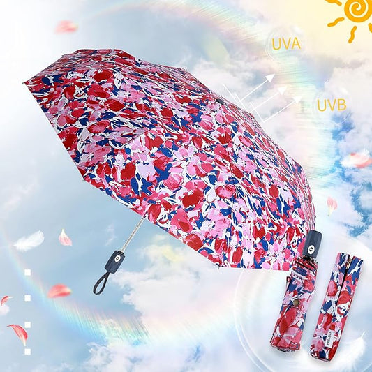 FDJASGY UV Sun Umbrella Compact Folding Travel Umbrella Auto Open Close Compact Folding Rain Umbrellas for Women Men Blocking UV 99.98%