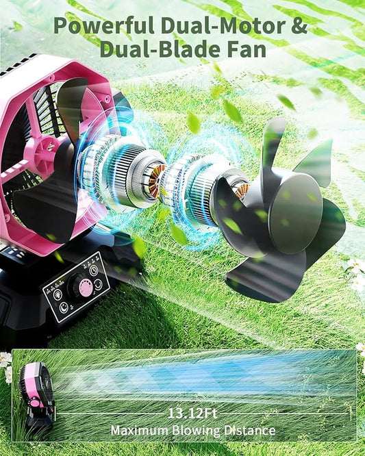coldSky ๐ฎ๐ฌ๐ฌ๐ฌ๐ฌ๐บ๐๐ต Camping Fan with Dual Motor, Battery Operated Fan with 4 LED Lantern, 8 Speeds Desk Fan with Remote, Portable Outdoor Fan with Hook for Tent, Power Outages, Jobsite (Pink)