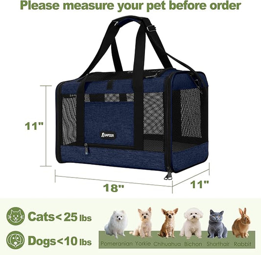 Cat Carrier 18x11x11 United Airline Approved, Top Loader Heavy Duty Softshell Pet Flying Bag 18lbs, Small Dog Chihuahua Crate 5-10 Pounds, Kitty Transport Kennel, Miniature Poodle Case Navy