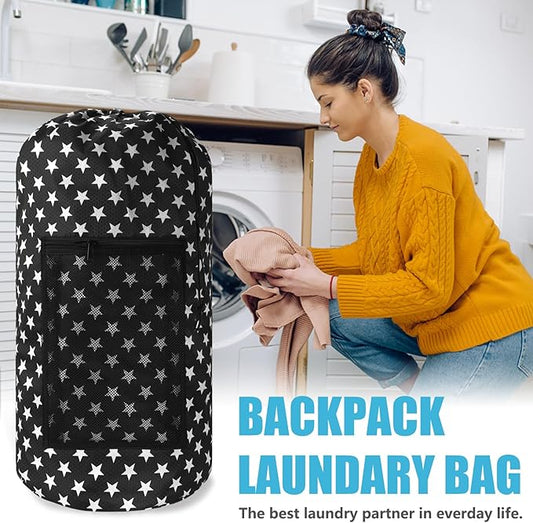 Portable Laundry Bag Backpack with Adjustable Straps & Mesh Pocket - Drawstring Closure for College, Apartment, Camping (Star Shape)