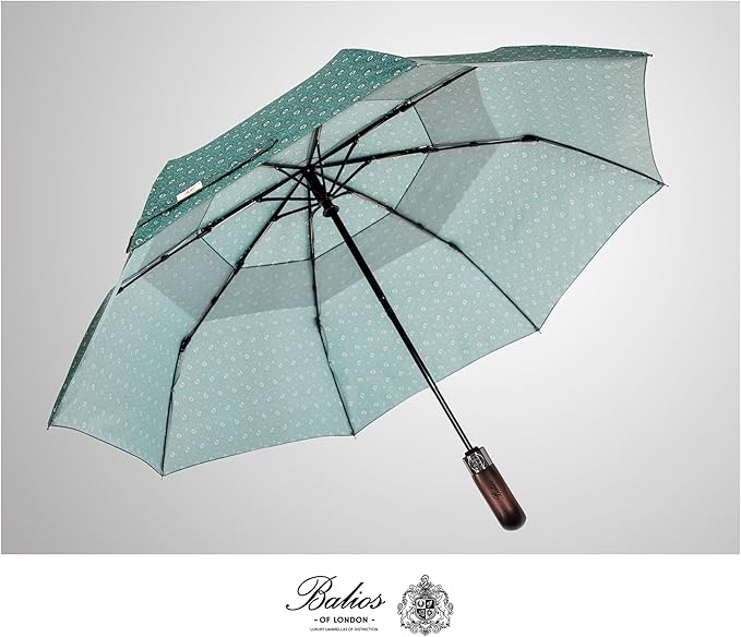 Balios Travel Folding Umbrella with Real Wood Handle Auto Open Close Vented Windproof Canopy - Designed in UK