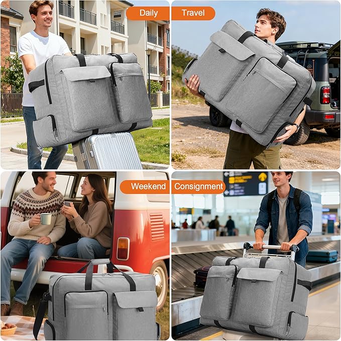Large Travel Duffle Bag for Men Women, 80L 100L 120L Foldable Waterproof Duffle Bag, Packable Bag with Shoes Compartment for Overnight Gym Weekender Bag (Gray, 100L)