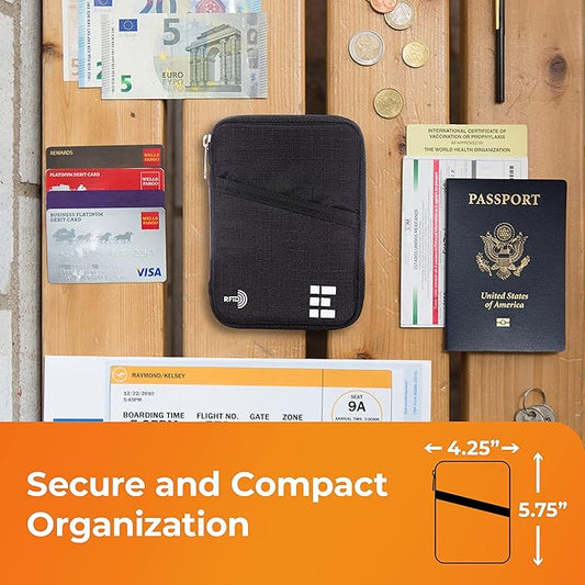 Passport Holder & Travel Wallet with RFID Blocking - Premium Document Organizer Case for Men and Women - Holds Passports, Cards, Tickets, ID, Cash - Compact Zippered Wallet - Midnight