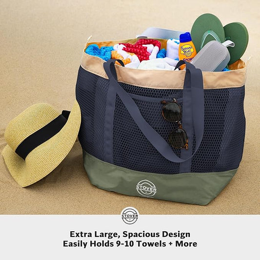 STOVER Large Mesh Beach Bag, Vacation, Pool, Shopping, & Travel Tote - Foldable w/Storage Pockets for Women, Men & Families
