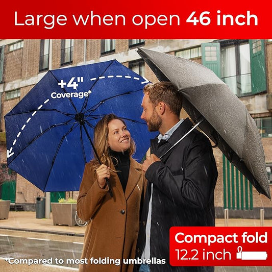 TUMELLA Flip-proof Inverted Travel Umbrella, Small Strong but Light Portable and Automatic Reverse Folding Rain Umbrella, Durable Premium Grip, Fits Car & Backpack