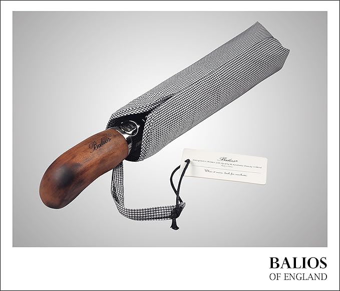 Balios Prestige Travel Folding Umbrella, Handmade Wood Handle, Auto Open & Close