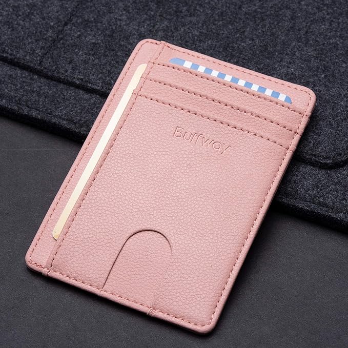 Buffway Slim Minimalist Front Pocket RFID Blocking Leather Wallets for Men and Women - Lichee Pink