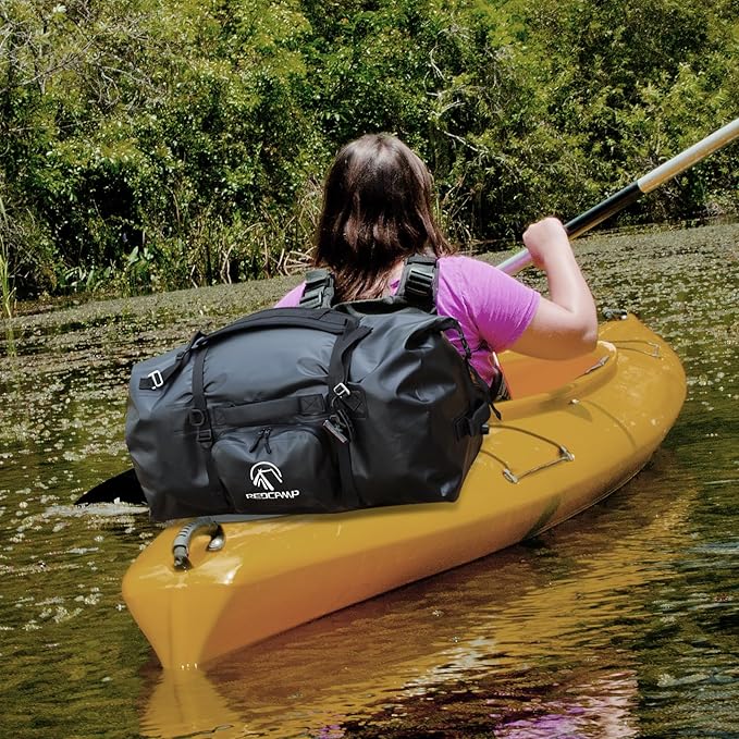 REDCAMP 80L Large Waterproof Duffel Bag, Rolltop Dry Backpack Duffle Bags with Quick-fixed Straps for Camping Motorcycle Boating Rafting Kayaking Paddle boarding, Black