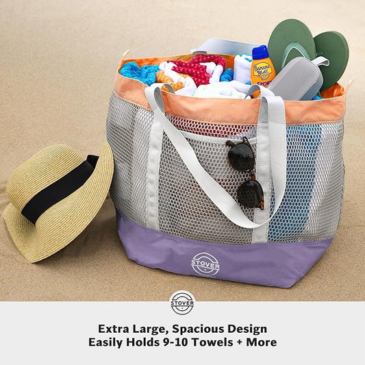 STOVER Large Mesh Beach Bag, Vacation, Pool, Shopping, & Travel Tote - Foldable w/Storage Pockets for Women, Men & Families