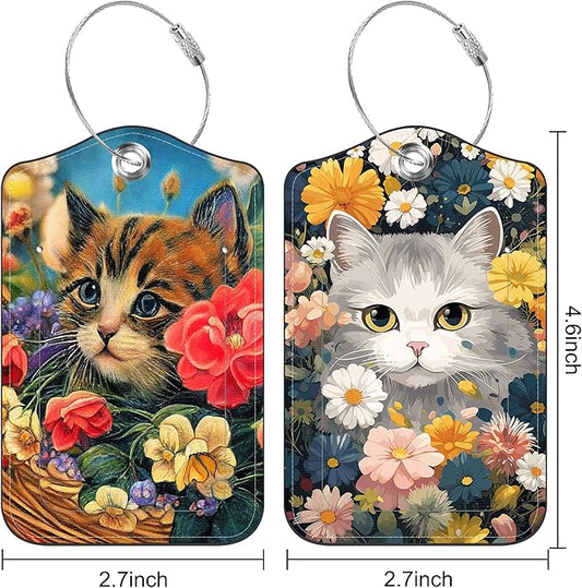2 PCS Leather Luggage Tags for Suitcase Beautiful Cat Flowers Travel Luggage Tag with Privacy Flap Name ID Label and Metal Loop for Travel Bag Suitcase