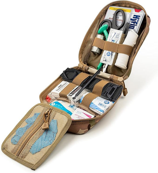 Scherber Premium IFAK Kit Trauma Pack | HSA/FSA Approved | SOF Tourniquet, QuikClot 4x4 HyFin Chest Seal, Israeli Bandage | Fully Stocked MOLLE Pouch for Gunshot, Bleeding, Major Wound Care (Camo)