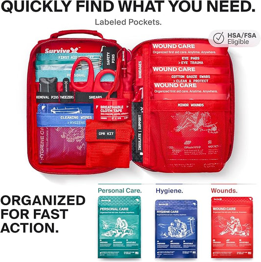 Small First Aid Kit for Car, Travel & Home - Emergency Kit for Hiking, Camping, Backpacking and Outdoors - Includes Zip Stitch Wound Closure Strips