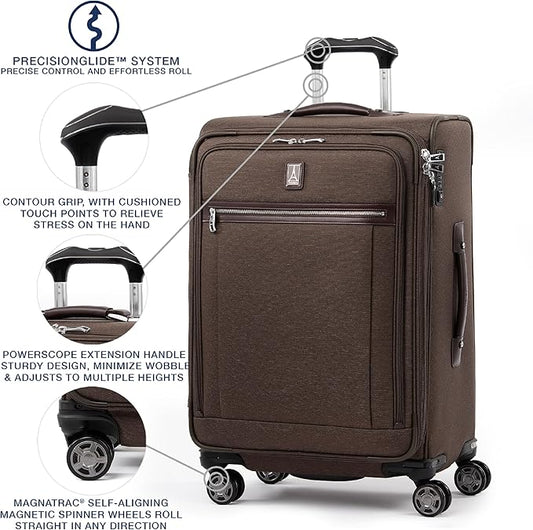 Travelpro Platinum Elite Softside Expandable Checked Luggage, 8 Wheel Spinner Suitcase, TSA Lock, Men and Women, Rich Espresso Brown, Checked Medium 25-Inch