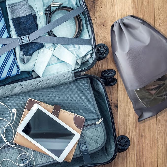 12 PCs Shoe Bags for Travel, Packing, Storage, Organizing & Suitcase. Reusable Dustproof & Water Resistant Sneakers Pouch Protectors with Clear Window & Drawstring. Laundry & Toys (Sand, Gray & Black)