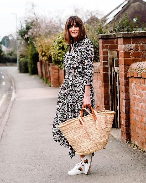 French Basket with Double Flat Leather Handles – Straw Tote, Beach Bag, Wicker Shopping Basket, Handmade Market Basket