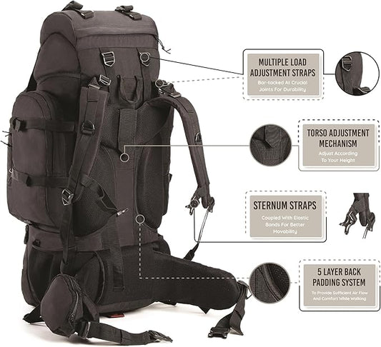 Tripole Colonel 95 Litres Internal Frame Rucksack + Detachable Day Pack, Rain Cover, Black
