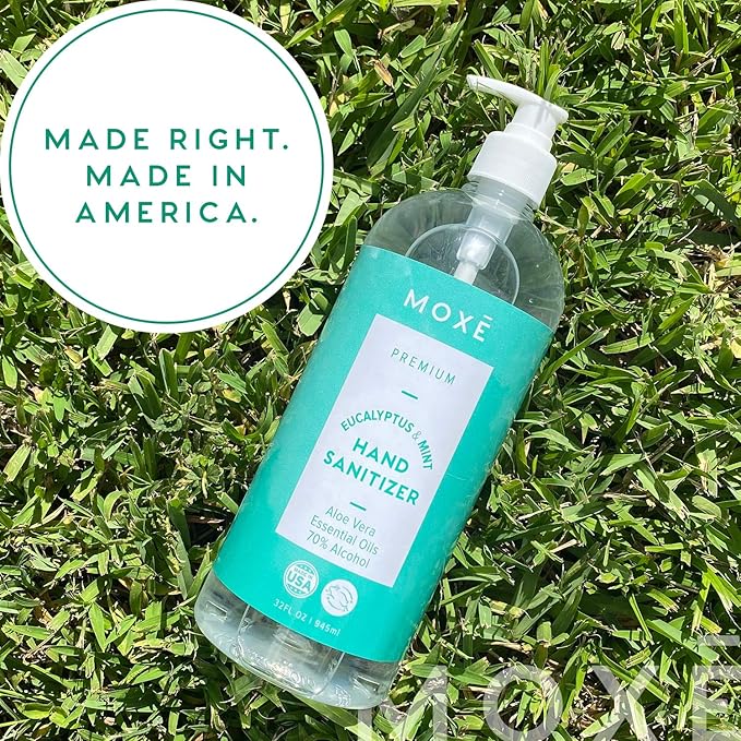 MOXE Premium Eucalyptus & Mint Hand Sanitizer Value Pack - Calming Moisturizing Waterless Antiseptic Cleanser with 70% Ethyl Alcohol, Aloe Vera & Essential Oils - Fights Germs & Bacteria - 4 x 32oz