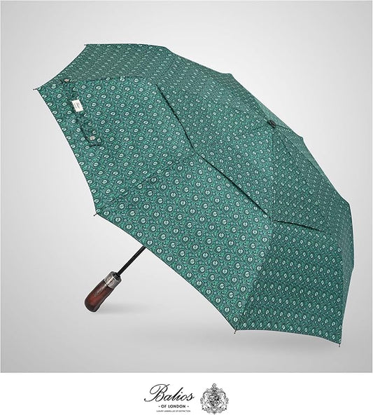 Balios Travel Folding Umbrella with Real Wood Handle Auto Open Close Vented Windproof Canopy - Designed in UK