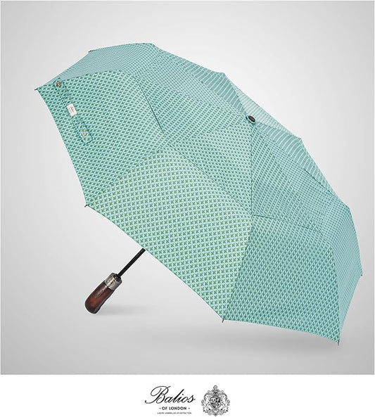 Balios Travel Folding Umbrella with Real Wood Handle Auto Open Close Vented Windproof Canopy - Designed in UK